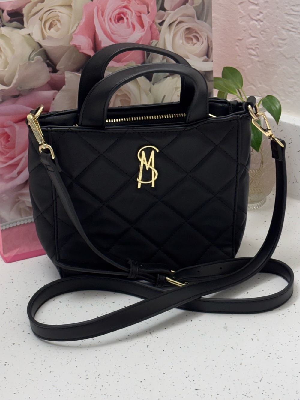 Steve Madden Black Quilted Crossbody Tote with Gold Logo